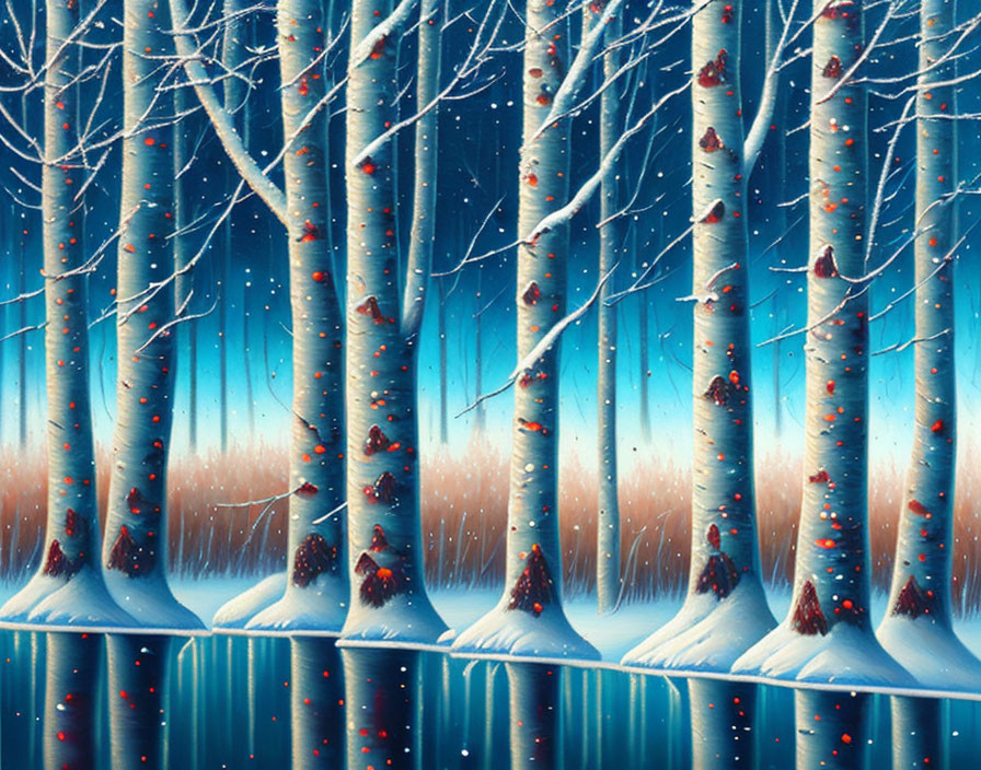 Winter Forest Scene with White Trees, Red Leaves, Blue Water, Twilight Sky