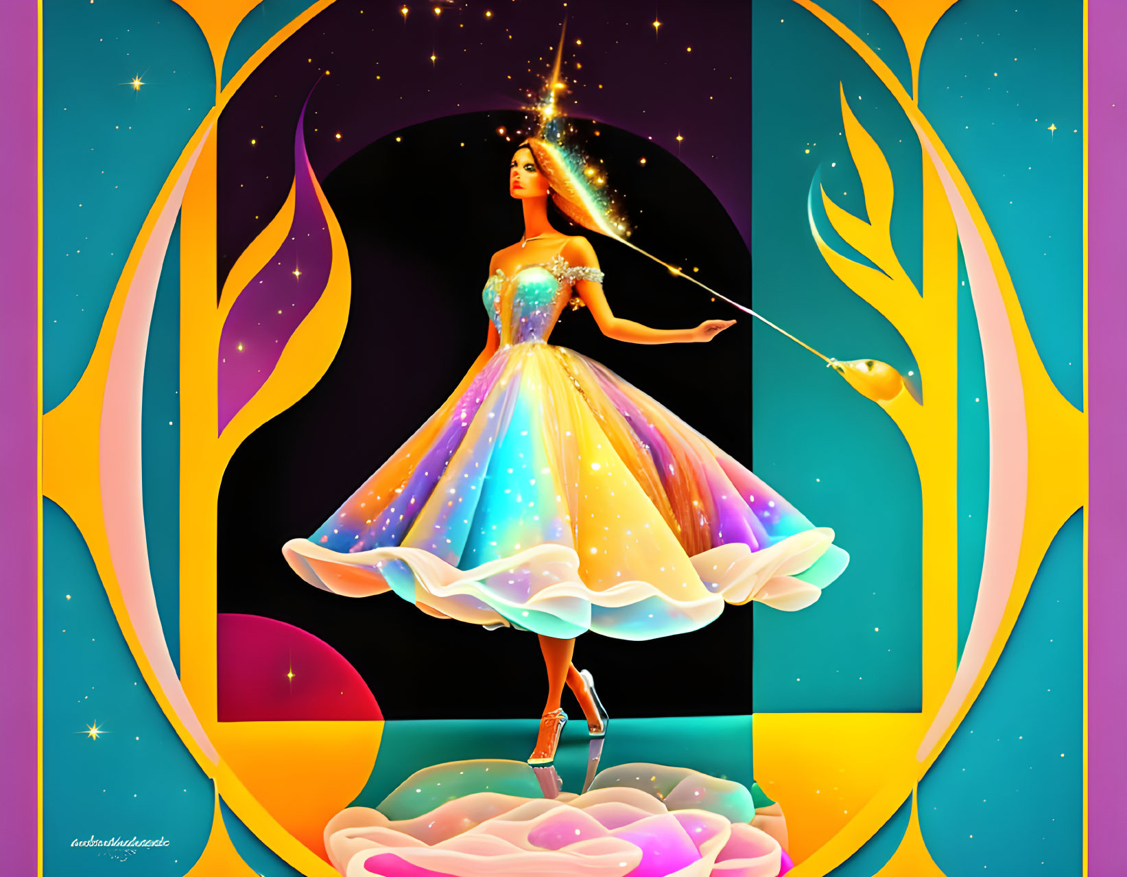 Celestial-themed woman illustration with starry dress and wand in arched gateway