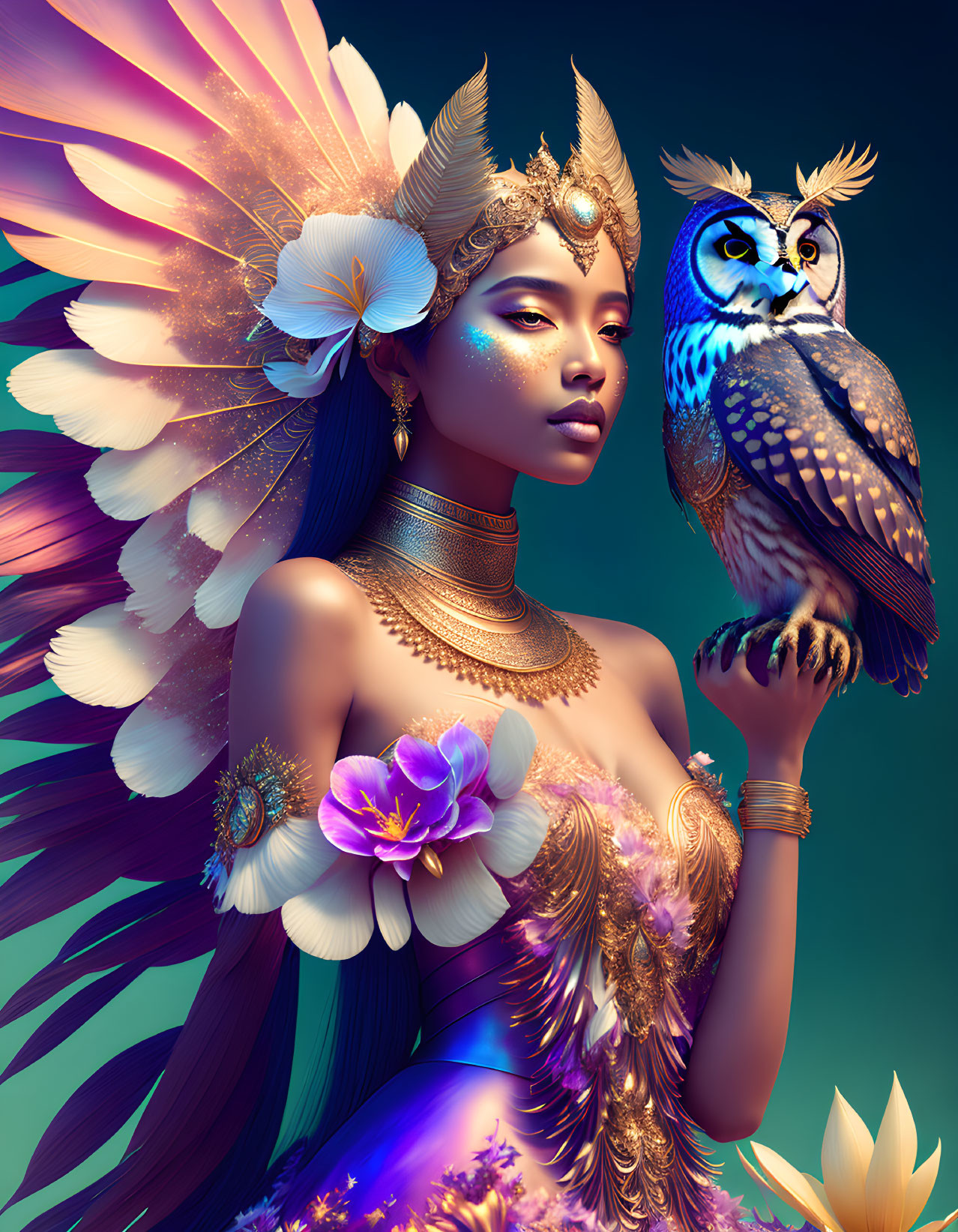 Woman adorned with gold and feathers holding an owl in a serene turquoise setting