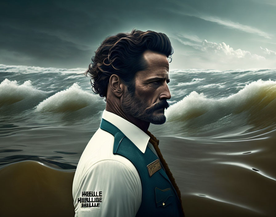 Bearded man in vest with ocean waves backdrop, conveying dramatic mood