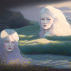 Ethereal woman with white hair in tranquil meadow at twilight