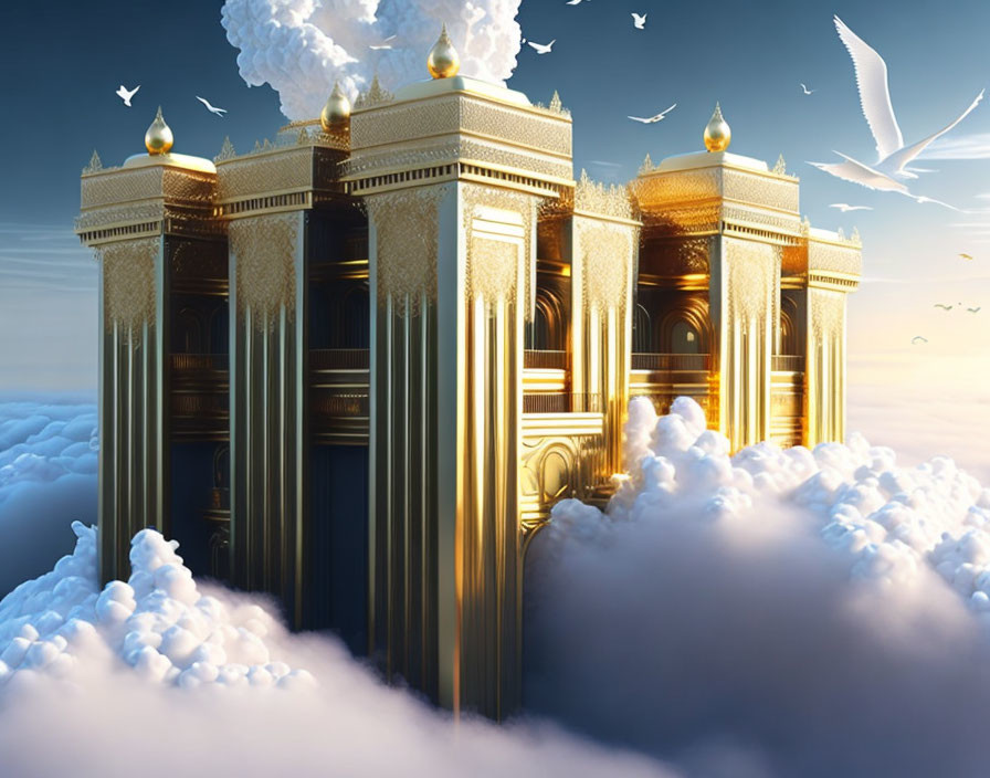 Golden-columned palace floating in the sky among fluffy clouds and birds.