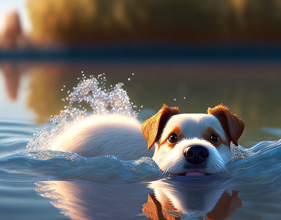 Jack Russell Terrier Swimming in Sunlit Water Splash