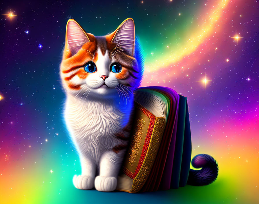 Colorful illustration: Orange and white cat with blue eyes next to a book on cosmic backdrop