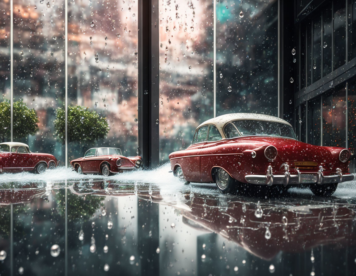 Classic Cars Parked on Rainy City Street with Reflective Surfaces