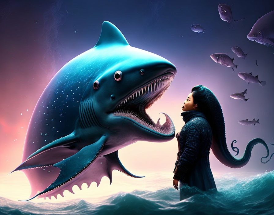 Giant whimsical shark encounter in underwater scene with octopus tentacle and fish under purple sky