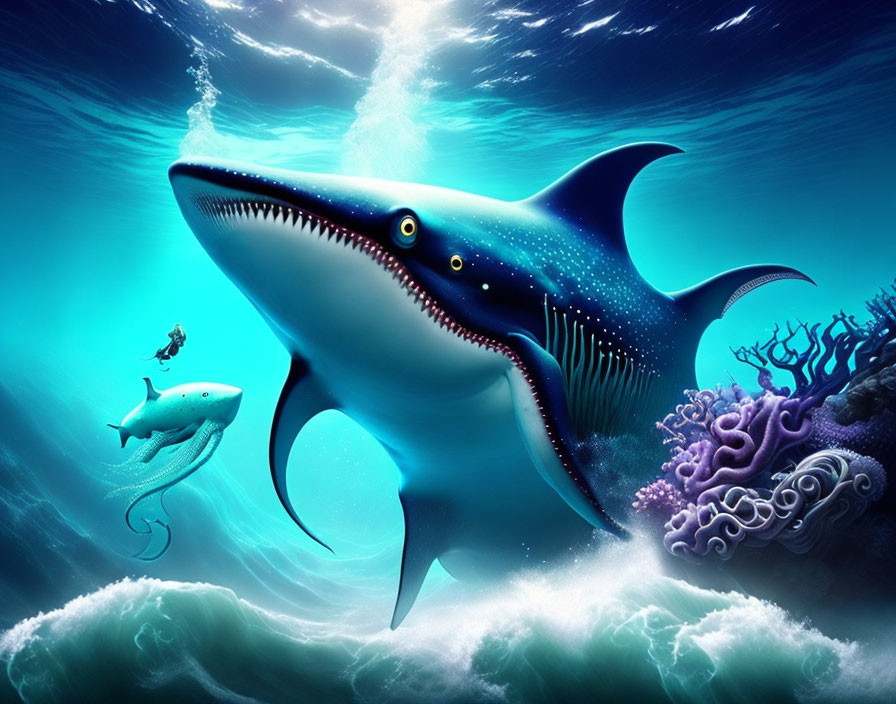 Vibrant underwater scene with stylized shark and sea creatures among corals