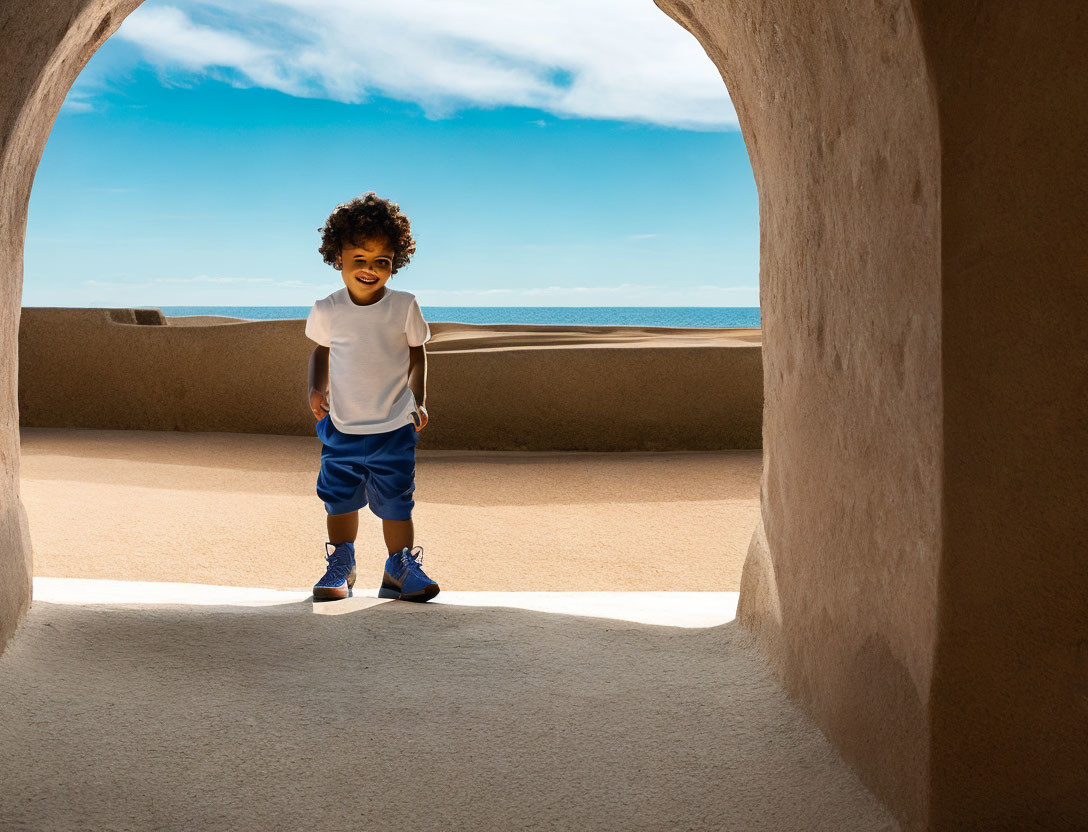 Curly-haired child in white shirt and blue shorts under sunny archway