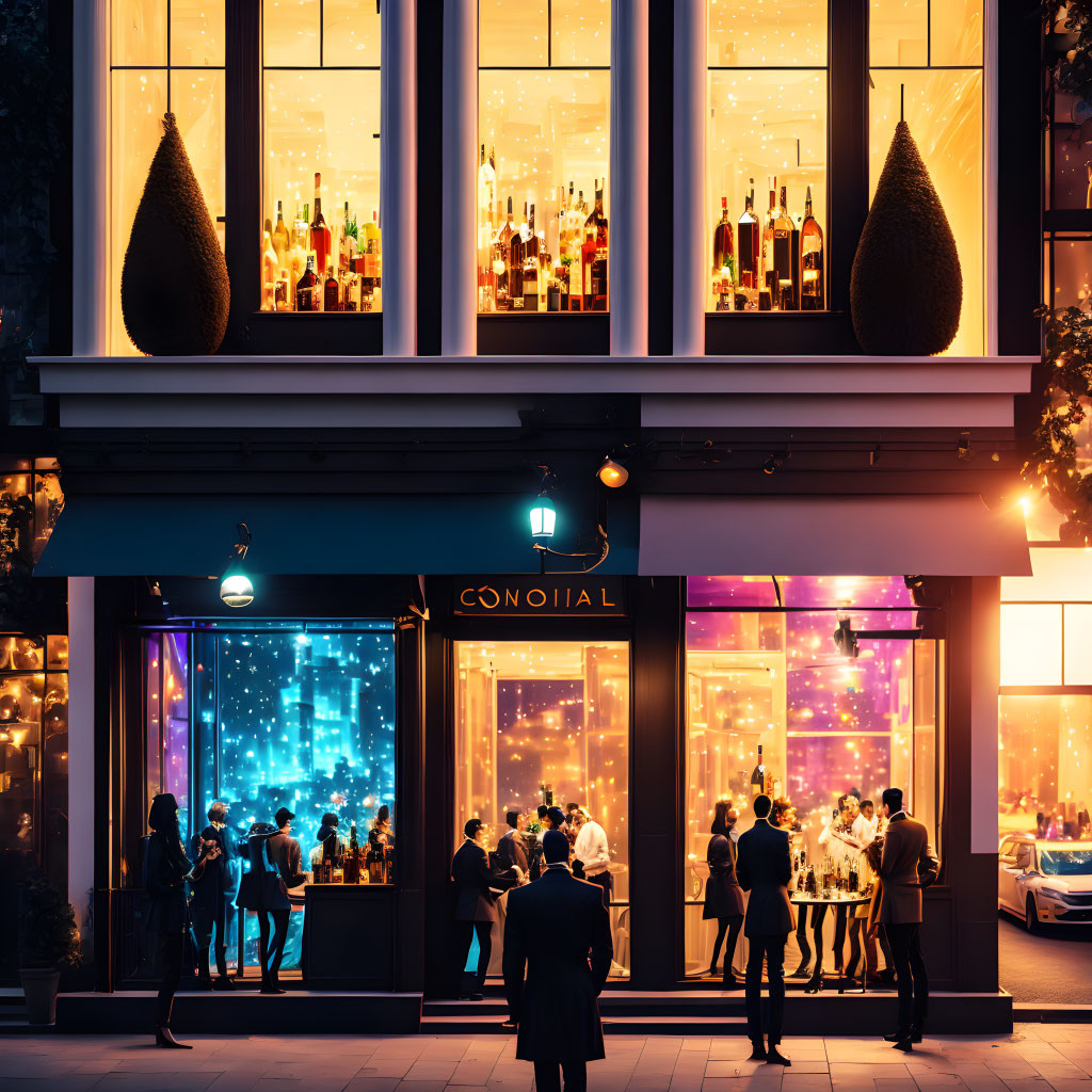 Bustling bar patrons socialize in elegant evening scene