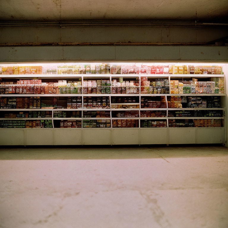 Dimly Lit Indoor Space with Fully Stocked Grocery Shelf