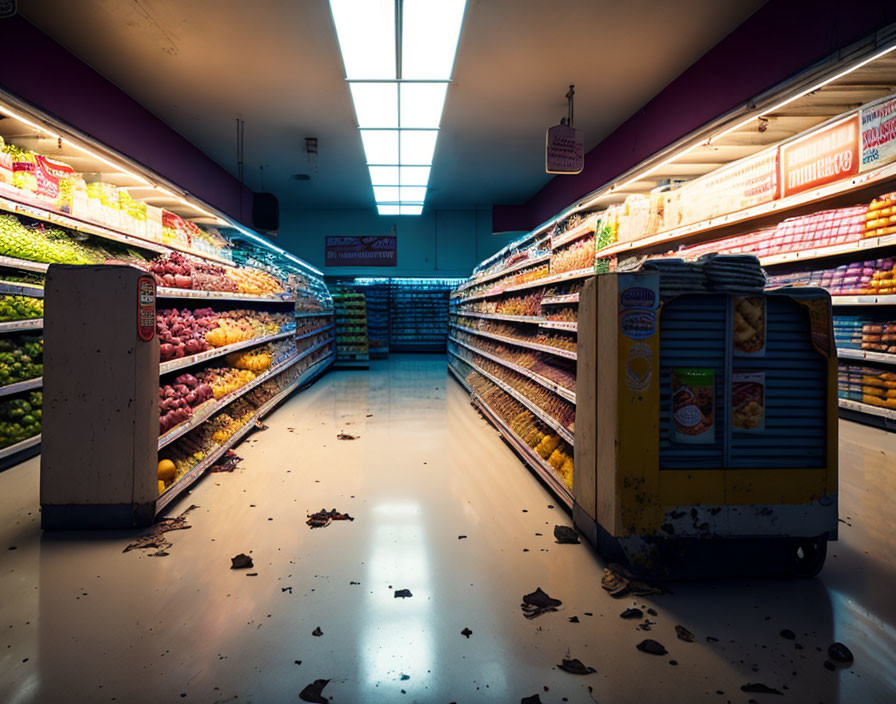 Desolate supermarket aisle with scattered debris and colorful produce under artificial light