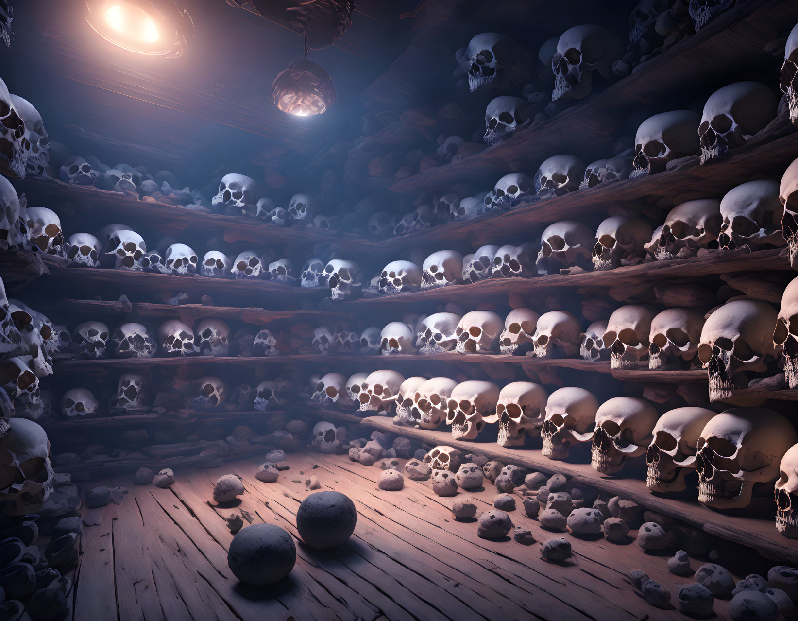 Dark room with human skulls on wooden shelves and stones on floor under hanging light bulb