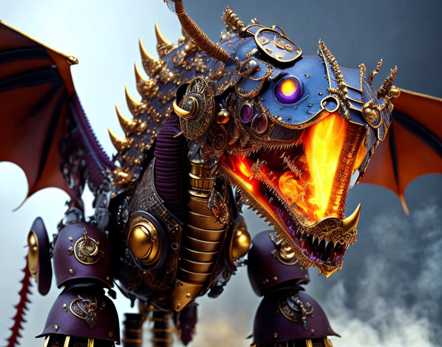 Intricate Golden Mechanized Dragon Breathing Fire