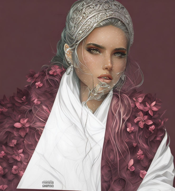 Digital artwork featuring woman with silver hair, white headscarf, silver jewelry, and pink flowers