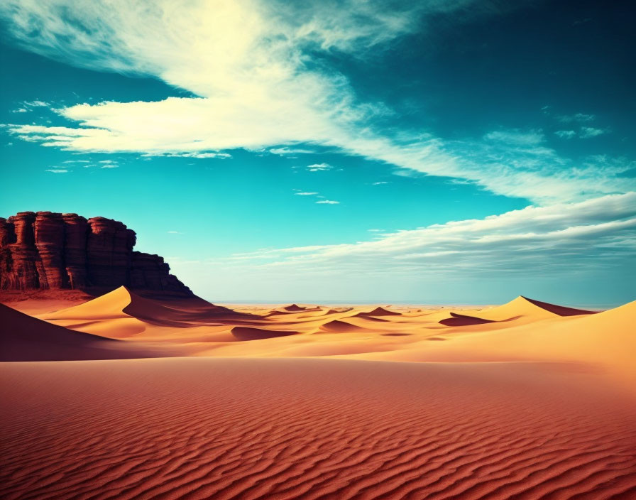 Desert landscape with dunes, rock formation, and blue sky