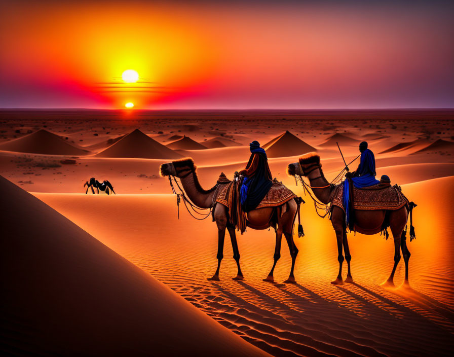 Camels with riders crossing sand dunes at sunset