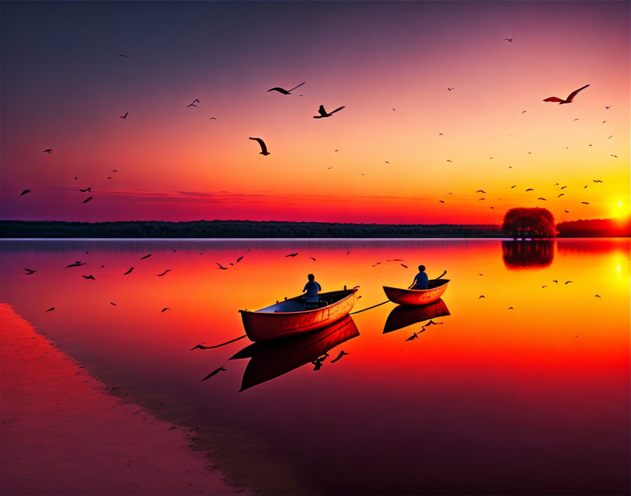 Tranquil lake sunset with two boats, birds, vibrant colors