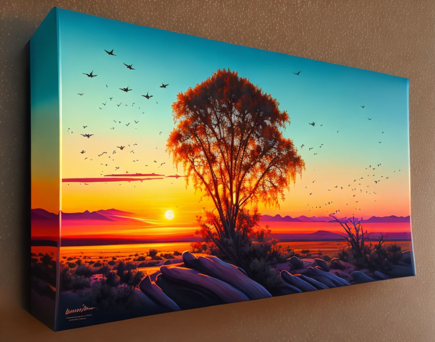 Sunset canvas print with bird silhouettes, lone tree, and mountains in warm hues