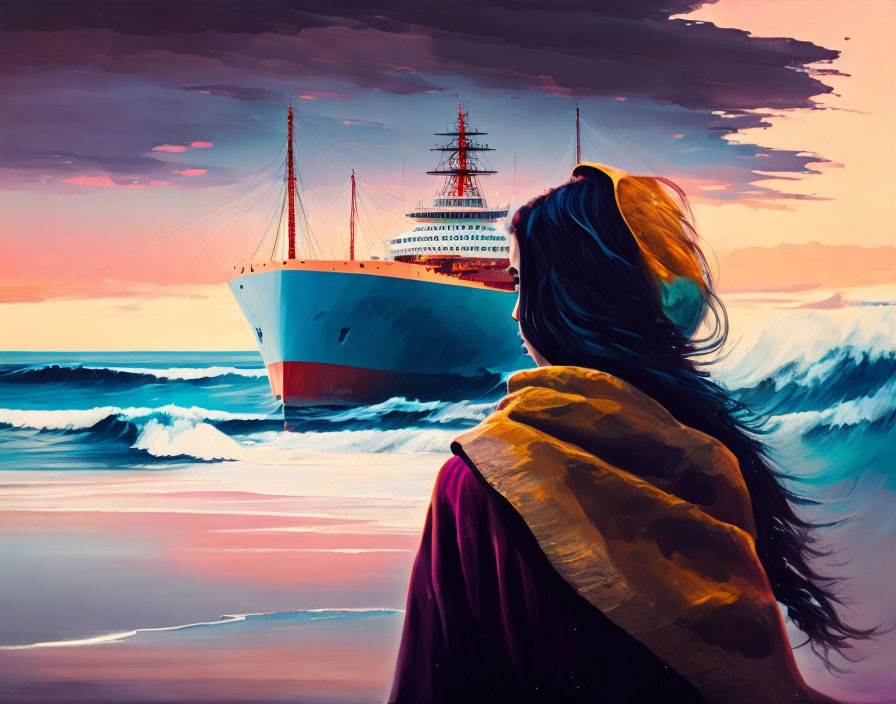 Person in Yellow Scarf Watching Sunset Over Ocean Ship