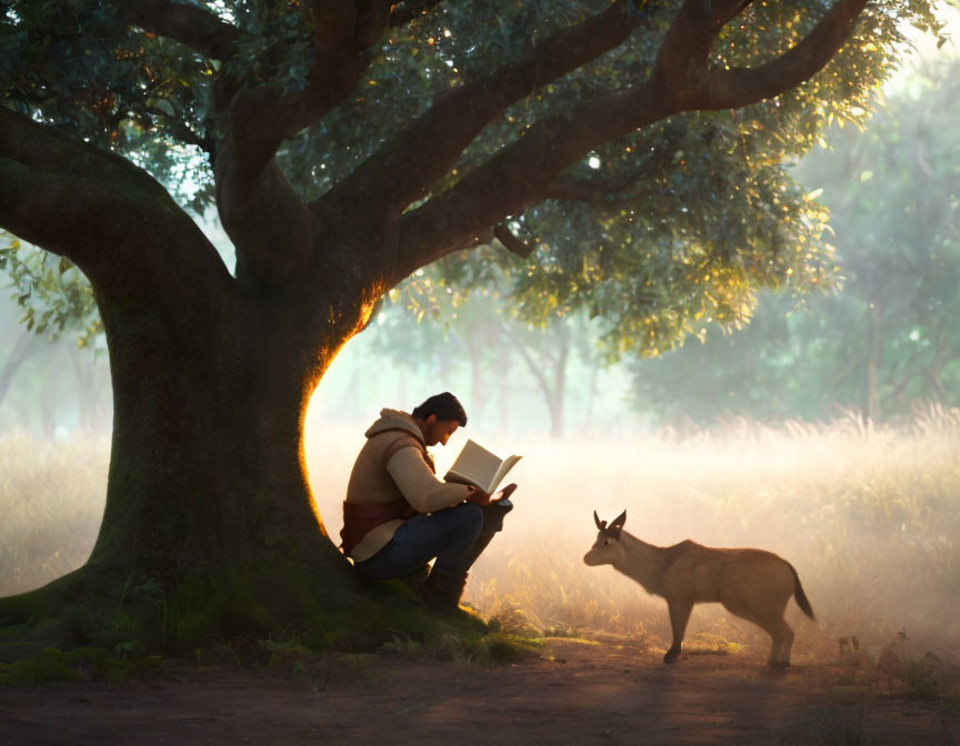 Person reading book under tree with curious fox at sunrise