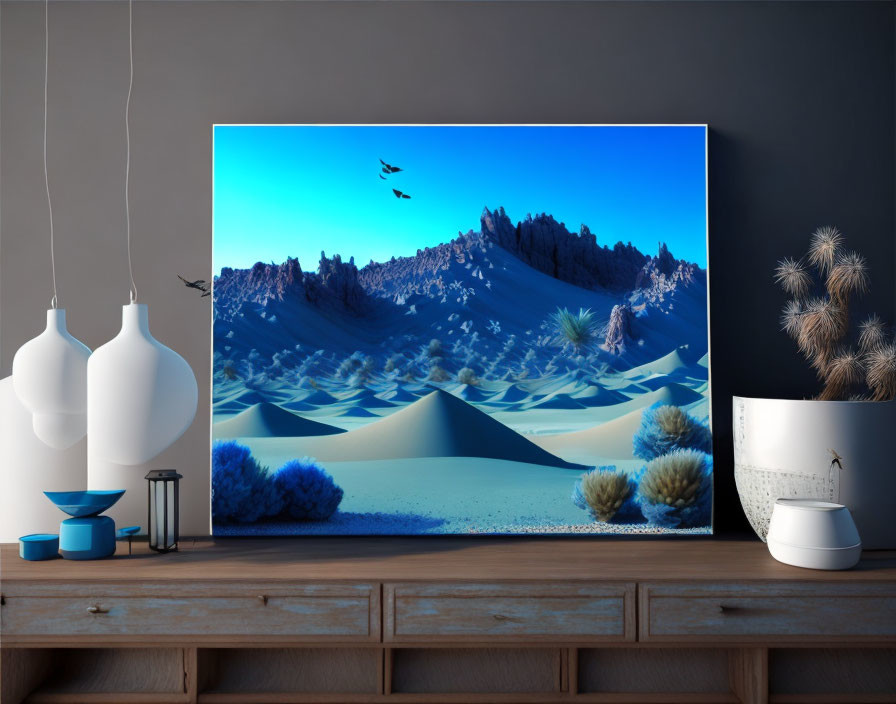 Desert landscape painting with blue sand dunes and birds in flight