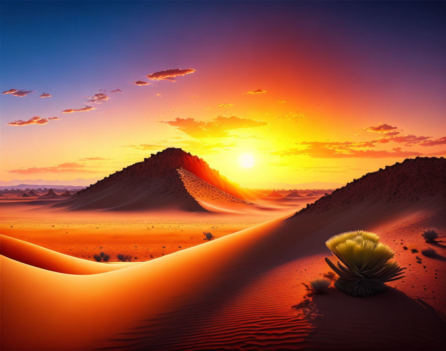 Colorful desert sunset with sand dunes, lone plant, and distant mountains.