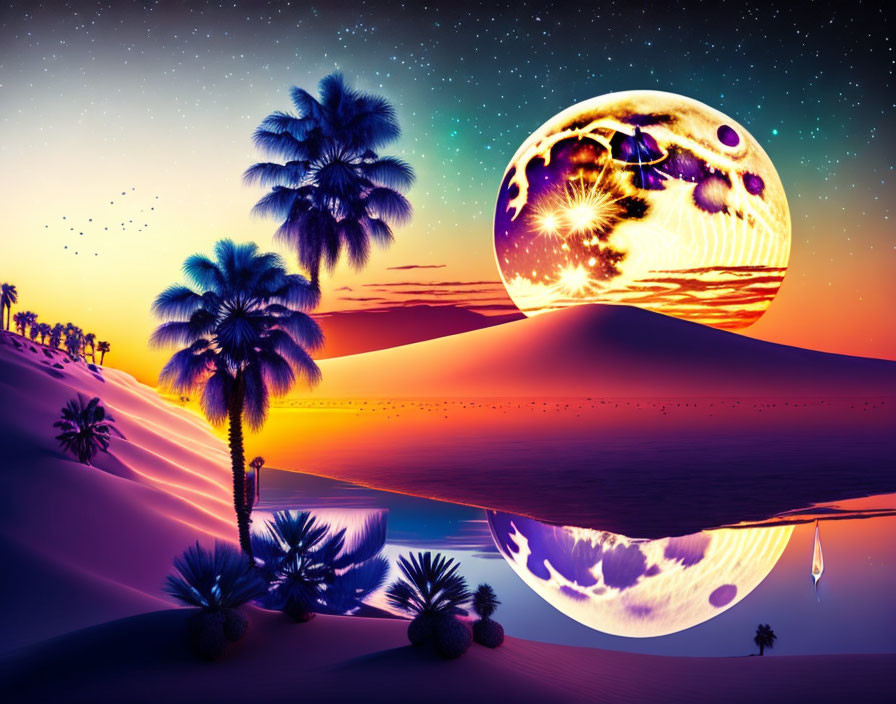 Surreal desert landscape with rising moon, sand dunes, palm trees, and starry sky