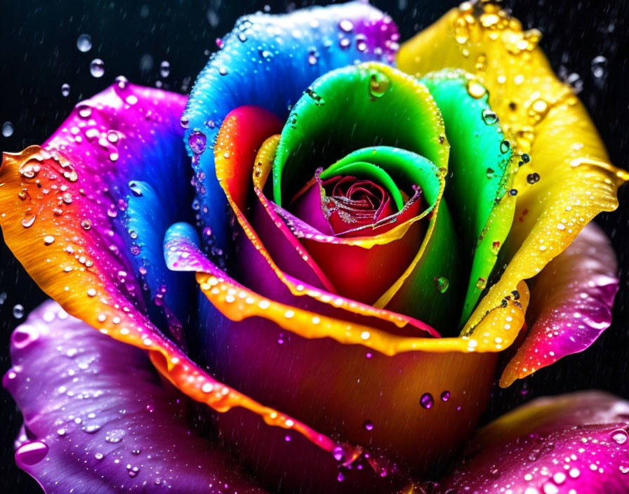 Vibrant multicolored rose with water droplets on dark background