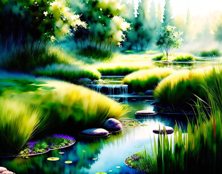 Vibrant digital art of lush green landscape with cascade, pond, and blooming flora