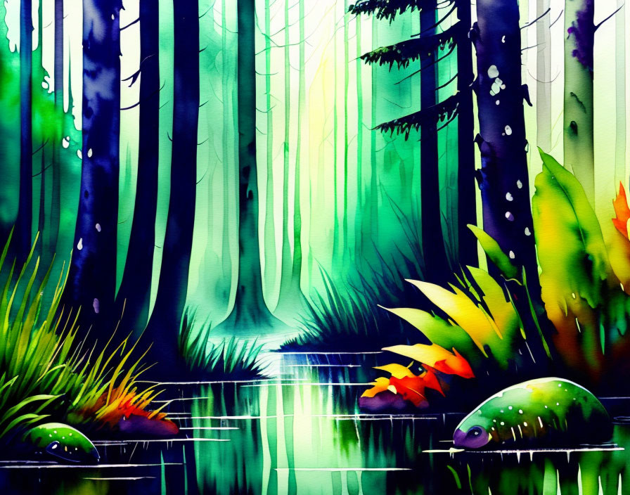 Colorful Watercolor Painting of Forest with Pond and Sunlight