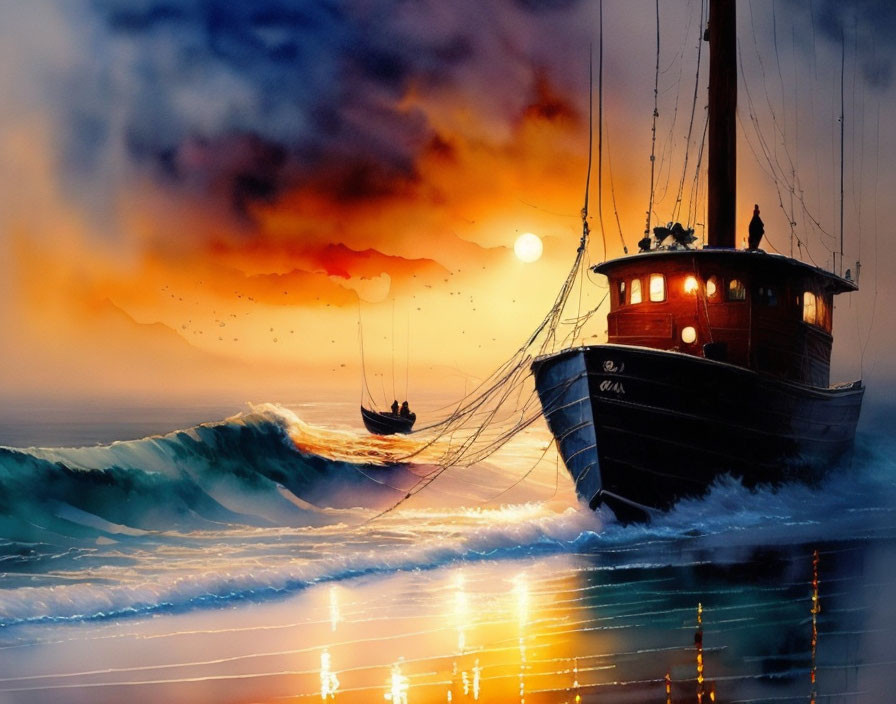 Vivid painting of boat on turbulent seas at sunset