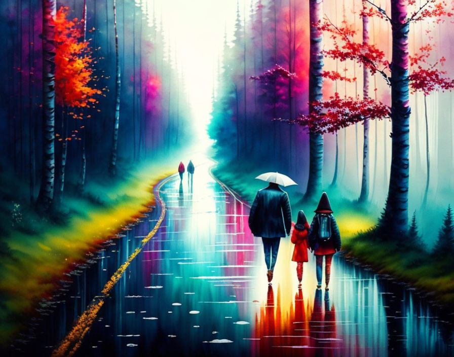 Vibrant rainy road with two people under umbrella