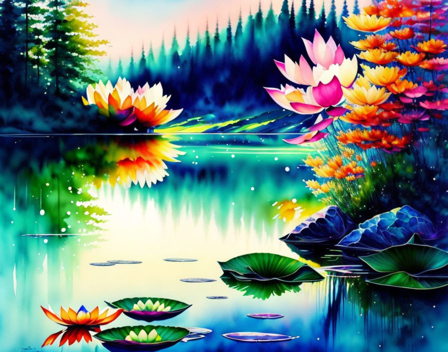 Colorful Lotus Flower Painting on Serene Lake with Trees and Sky