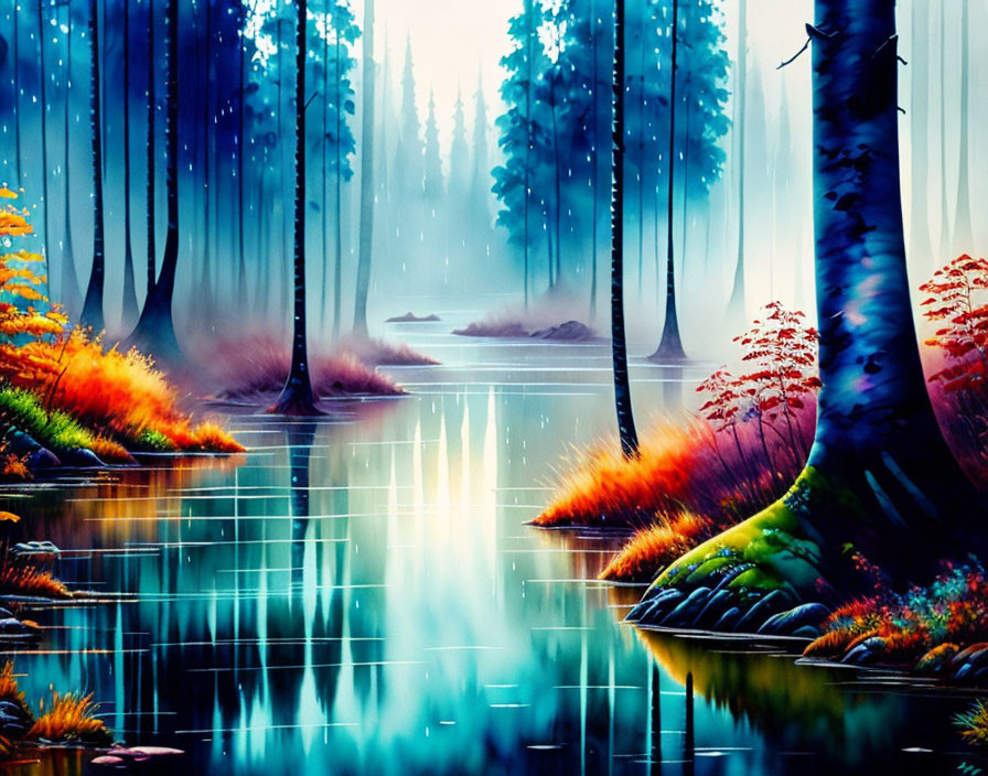 Mystical forest digital art: trees, lake reflections, ethereal light, colorful foliage