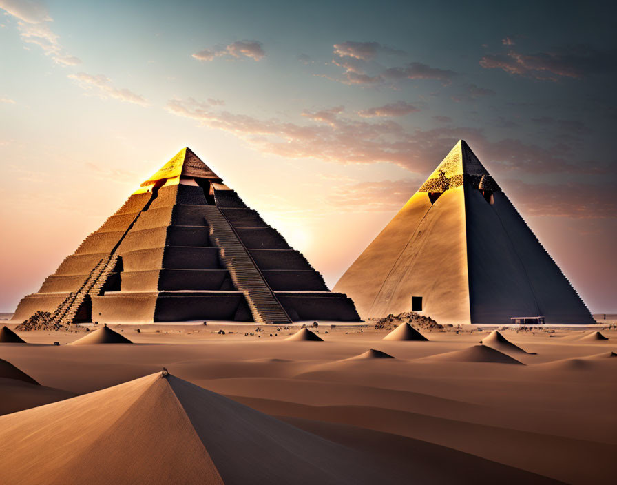 Ancient Pyramids in Desert Sunset Sky