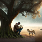 Person reading book under tree with curious fox at sunrise