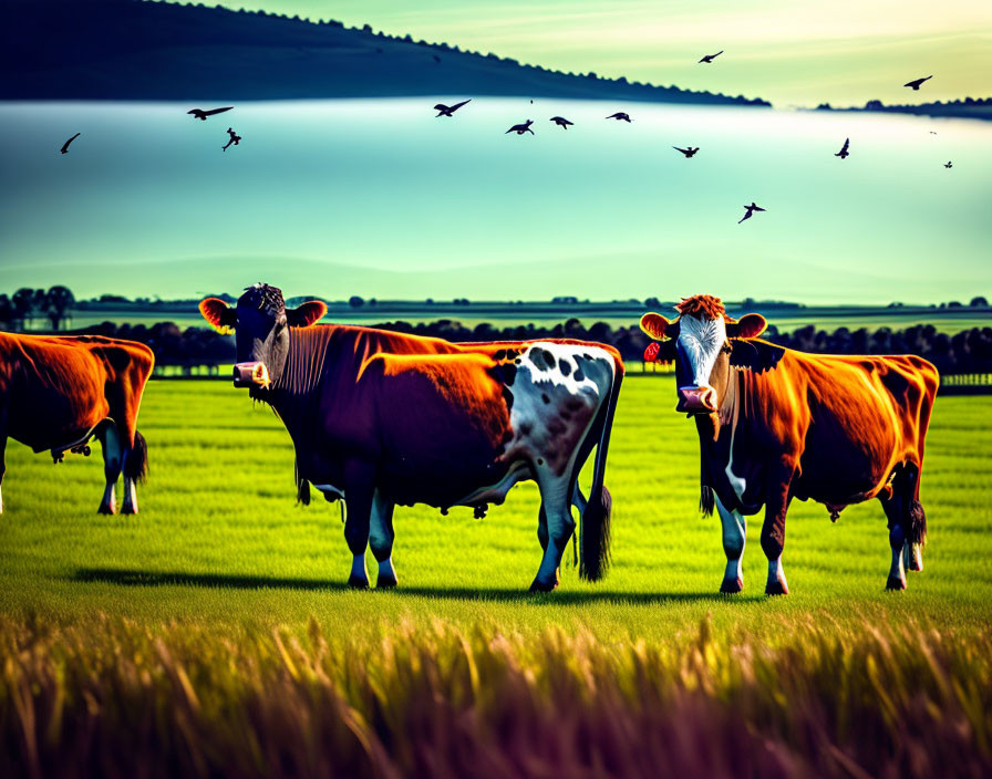 Cows grazing in green field with birds in sky at dusk/dawn