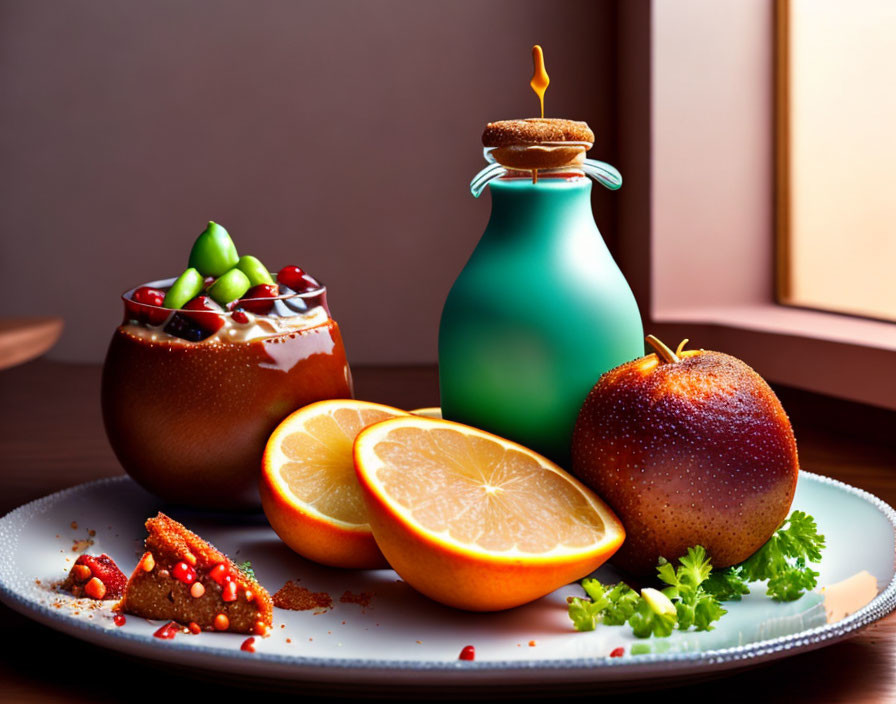 Colorful still life with fresh fruit, garnished drink, and blue bottle on warm backdrop