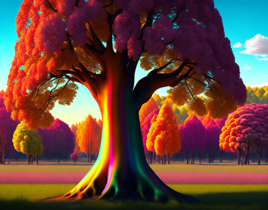 Multicolored tree with thick trunk in magical forest, pink and orange foliage under blue sky