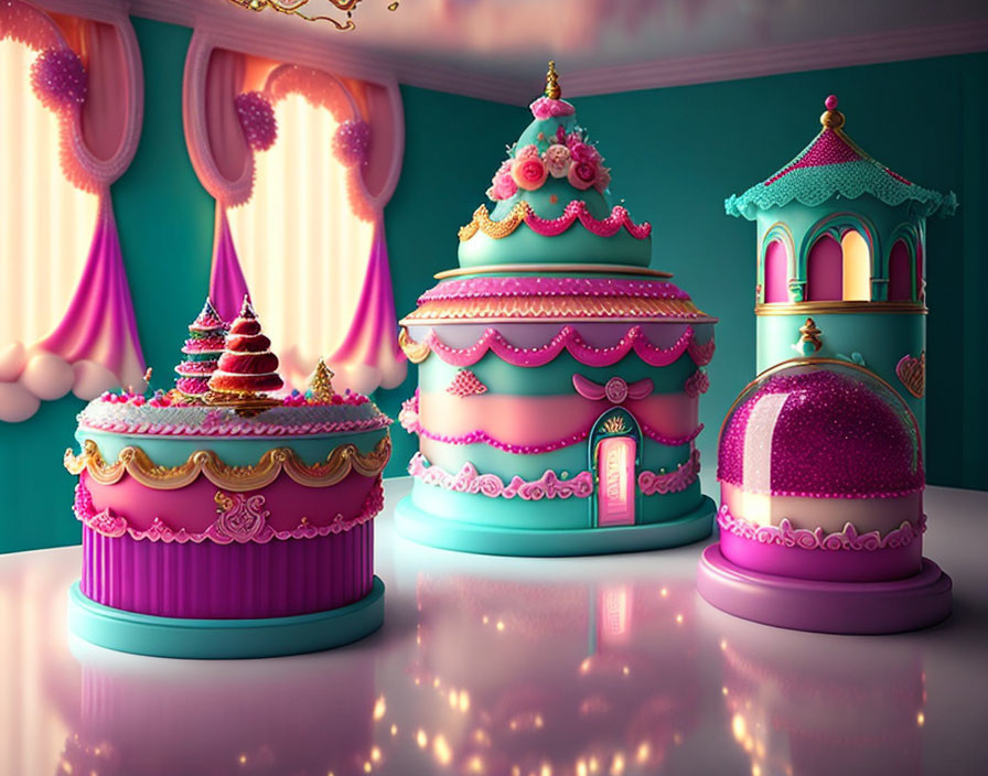 Fantastical Cake Buildings with Pink and Teal Icing Designs