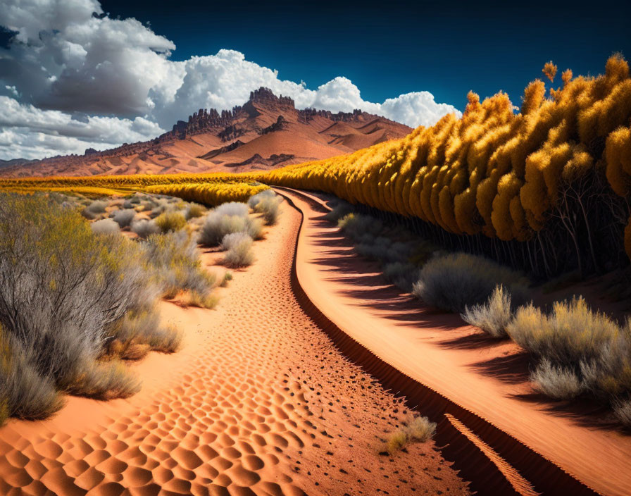 Desert landscape with winding dirt road and orange dunes