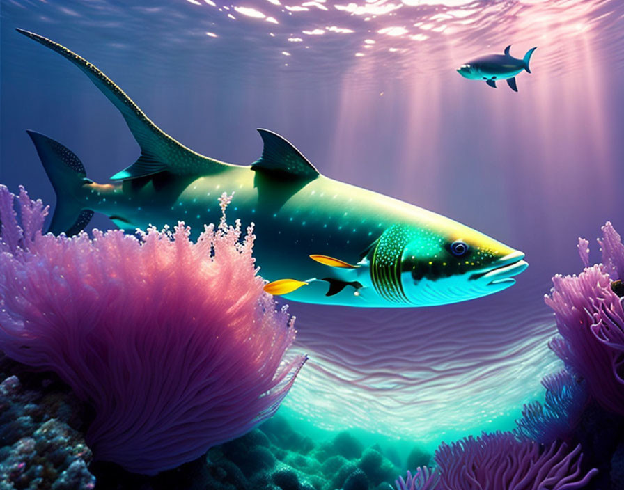 Vibrant coral and colorful fish in serene underwater scene