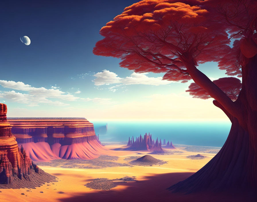 Digital art landscape featuring oversized tree, orange foliage, red rocks, desert dunes, crescent moon