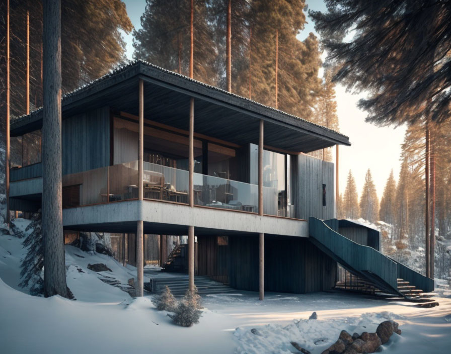 Modern Two-Story Cabin with Large Glass Windows in Snowy Woods