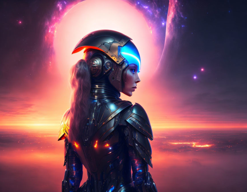 Profile of futuristic female warrior in detailed armor and helmet against cosmic backdrop.