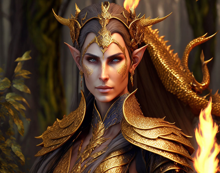 Regal fantasy elf in gold armor with dragon companion in dark forest