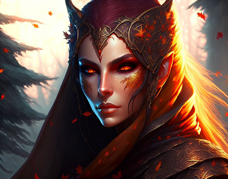 Fantasy character with pointed ears in autumnal forest scene