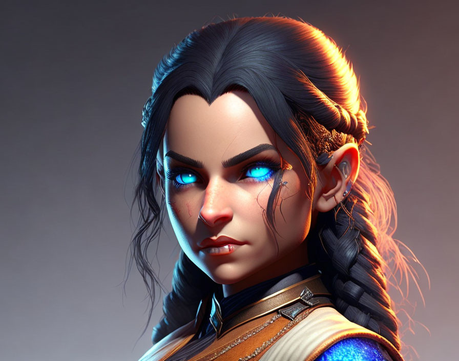 Digital portrait of female character: blue eyes, braided dark hair, elvish ears, intricate