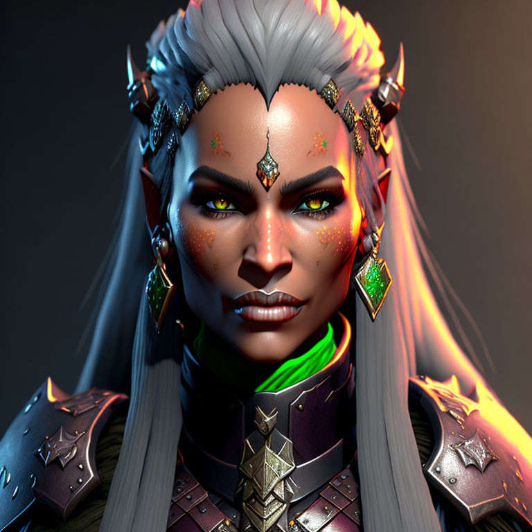 Fantasy Female Character Portrait with White Hair and Green Eyes