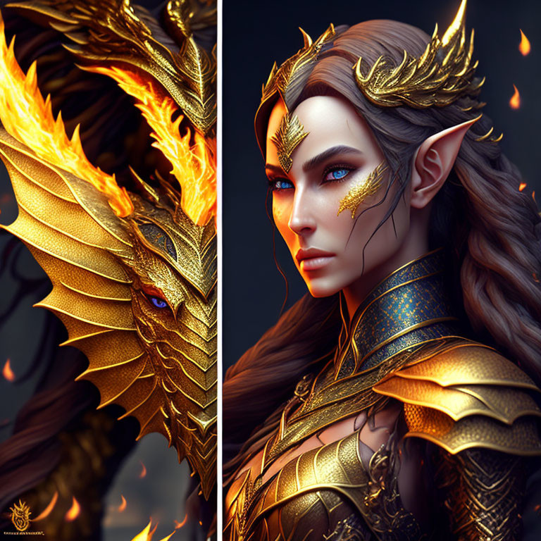 Elven warrior in golden dragon-themed armor with fiery shoulder piece